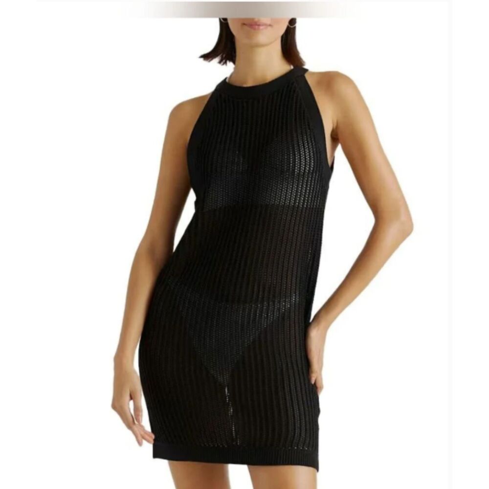 Quince NWT Black Organic Cotton Open Knit Cover Up Dress M